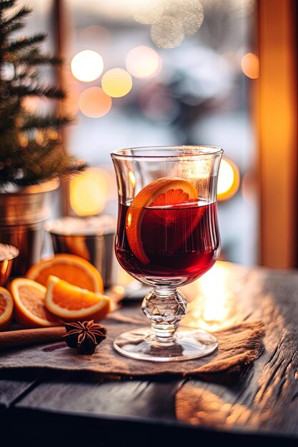 un vaso de bebida con un árbol de Navidad en el fondo