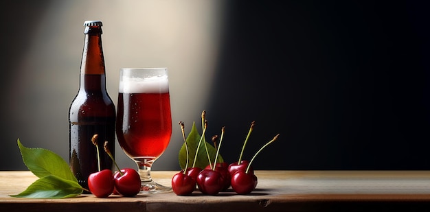 Un vaso con una bebida de cereza y una botella sobre un fondo oscuro cerezas maduras se encuentran cerca del espacio de copia