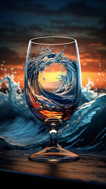 Vaso con bebida y dramáticas olas del océano en el fondo