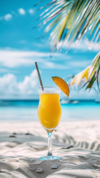 El vaso de bebida está bajo las palmeras cóctel cóctel bebida fría servida en la playa