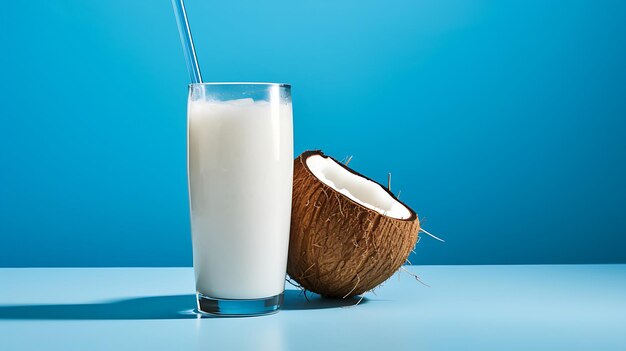 un vaso de bebida de fruta de coco sobre una mesa azul Generative Ai