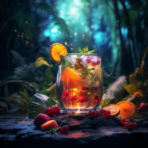 Foto vaso de bebida con frutas tropicales en el fondo hermoso paisaje en medio de la delantera