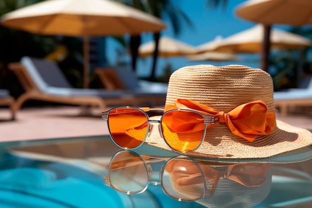 Vaso con una bebida y gafas de sol en la playa concepto de vacaciones de verano