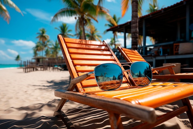 Vaso con una bebida y gafas de sol en la playa concepto de vacaciones de verano