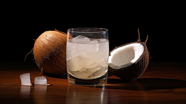 Un vaso de bebida junto a un coco cortado por la mitad