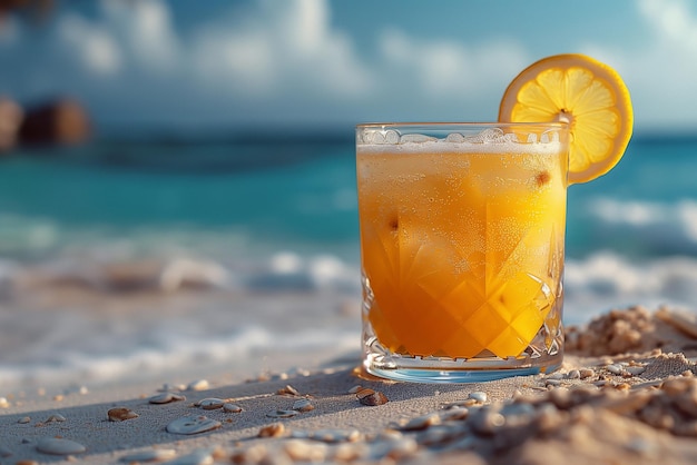 Vaso con bebida de naranja en la playa