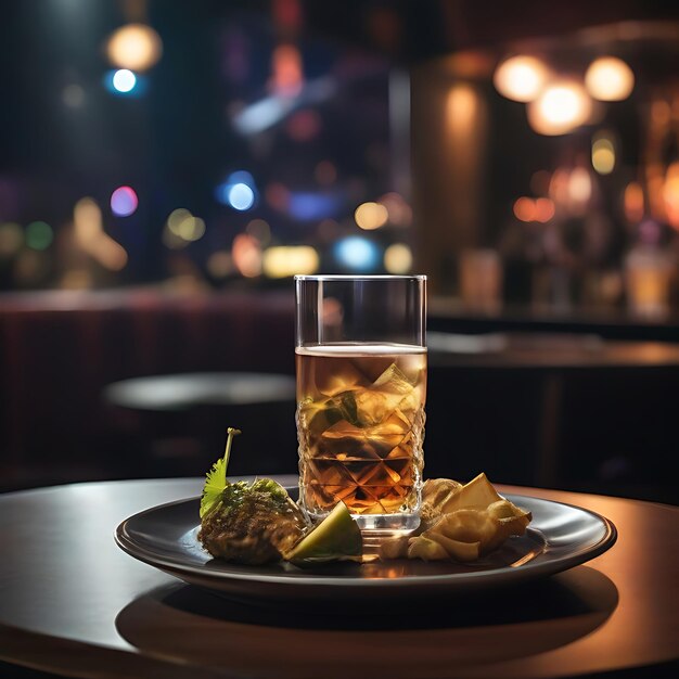 un vaso de bebida con un plato de comida en una mesa en un club nocturno en el fondo AI