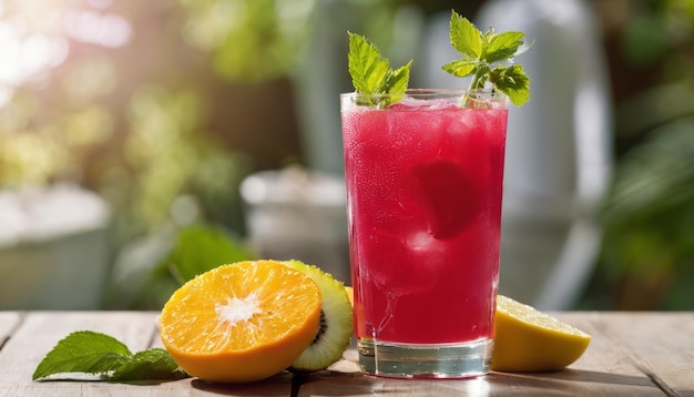 Un vaso de bebida rosa con una rebanada de limón y naranja