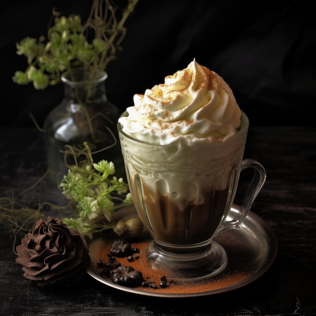 un vaso con una bebida y una taza de café