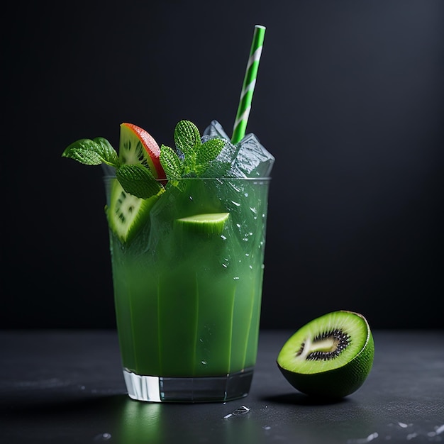 Un vaso de bebida verde con una pajita que dice kiwi.