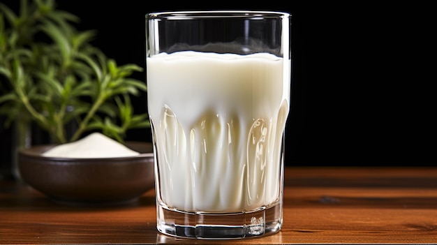 Foto un vaso y una botella de leche sobre un fondo negro