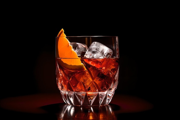 Un vaso de bourbon con una rodaja de naranja en el borde se asienta sobre un fondo negro.