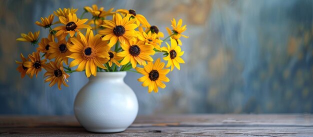 Vaso branco com flores amarelas em uma mesa de madeira