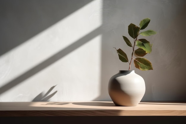 Vaso branco moderno com placa de madeira de planta verde em pedra AI