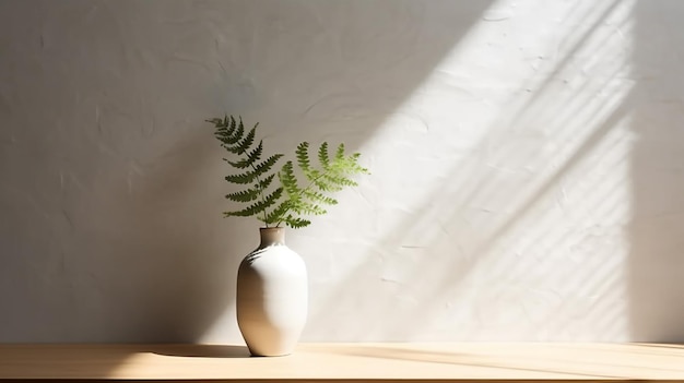 Vaso branco moderno com placa de madeira de planta verde na mesa de balcão de pedra com espaço Generative AI