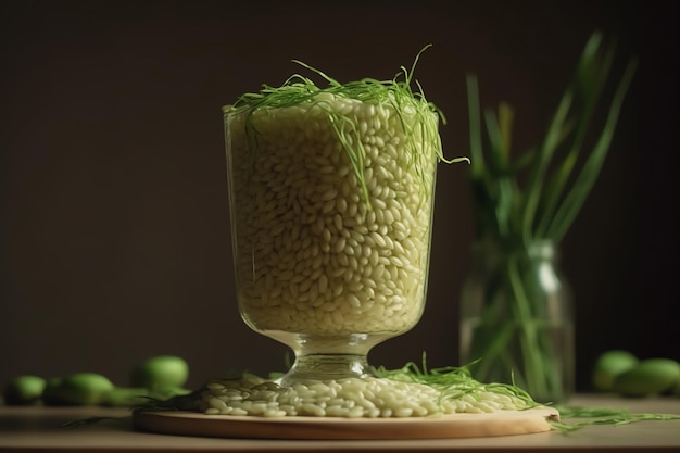 Un vaso de brotes de arroz descansa sobre un posavasos.