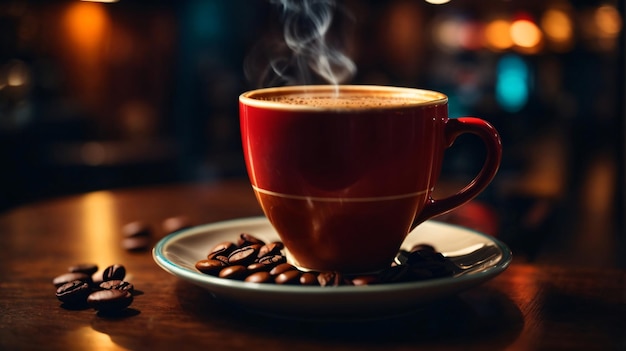 Un vaso de café caliente en la mesa de madera