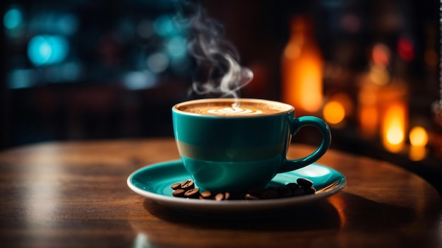 Un vaso de café caliente en la mesa de madera