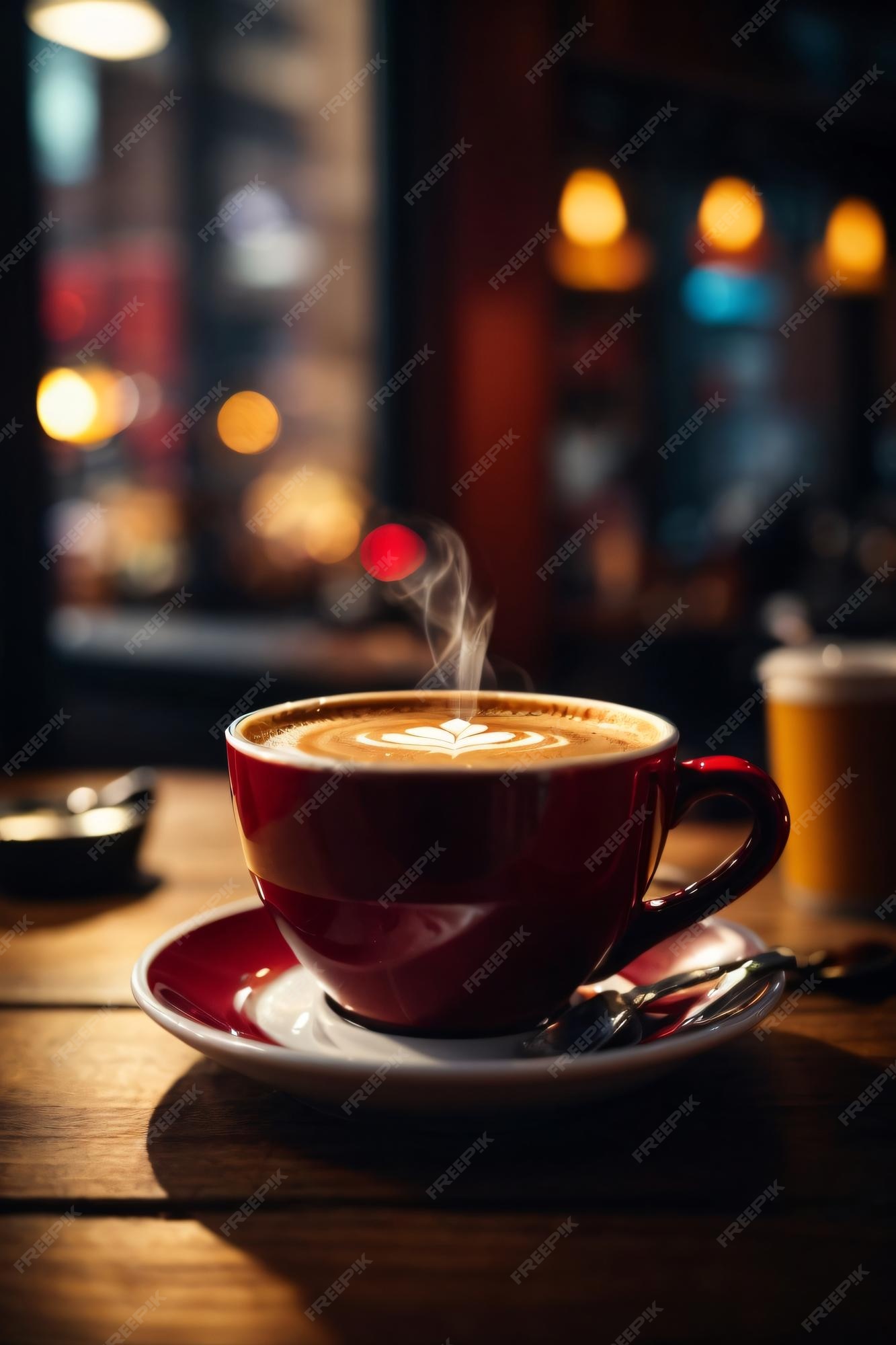 Un vaso de café caliente en la mesa de madera