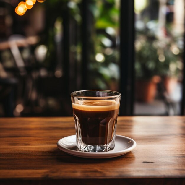 Foto un vaso de café colocado sobre una mesa de madera en una cafetería