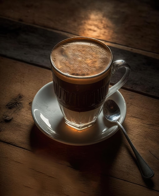 Vaso de café con cuchara en la mesa de madera creado con tecnología generativa ai