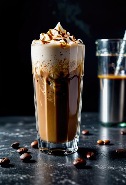 un vaso de café helado con algunos granos de café en él