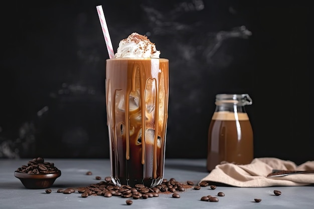 Vaso de café helado con un chorrito de chocolate y una pizca de sal creado con ai generativo