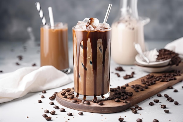 Vaso de café helado con un chorrito de chocolate y una pizca de sal creado con ai generativo