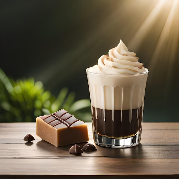 Un vaso de café helado con crema batida se sienta sobre una mesa de madera.