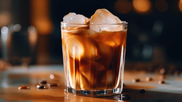 Un vaso de café helado con cubitos de hielo sobre una mesa.