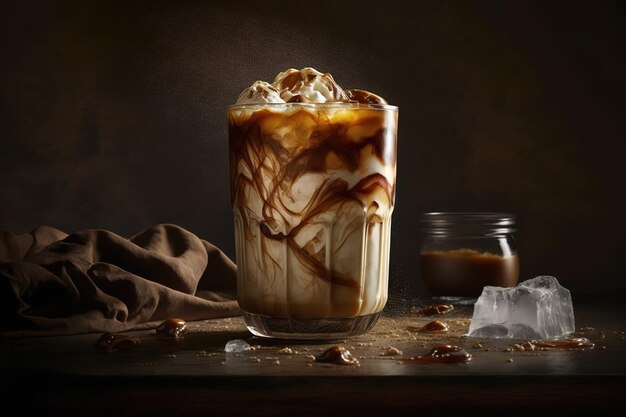 Un vaso de café helado con una cuchara y una roca sobre un fondo oscuro