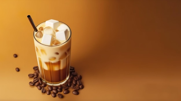Un vaso de café helado con granos de café sobre un fondo marrón.