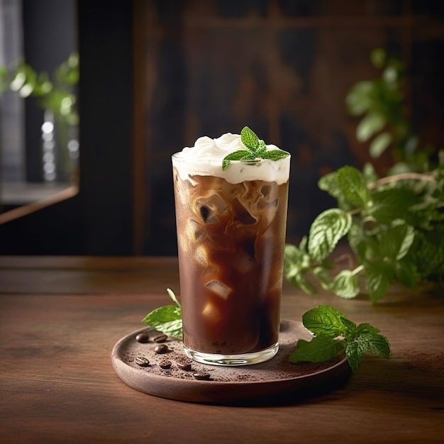 Un vaso de café helado con hojas de menta sobre una mesa de madera.