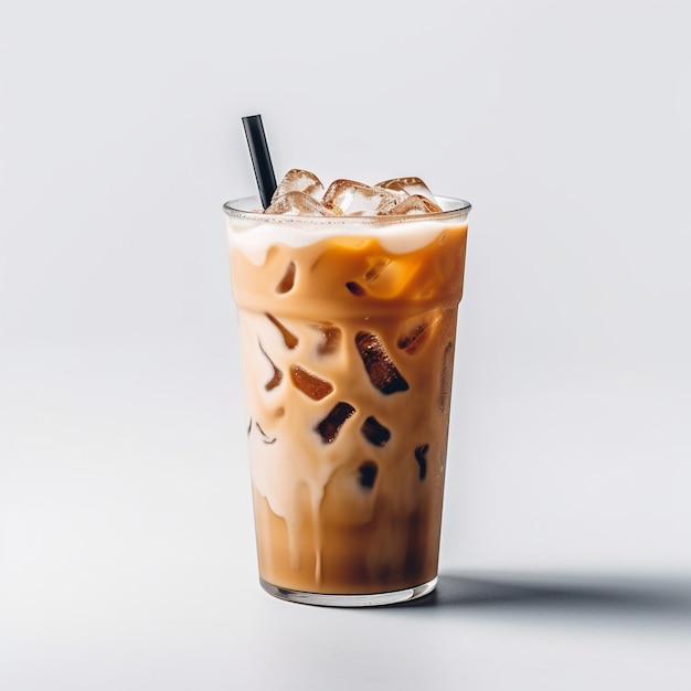 Un vaso de café helado con una pajita negra sobre fondo blanco.