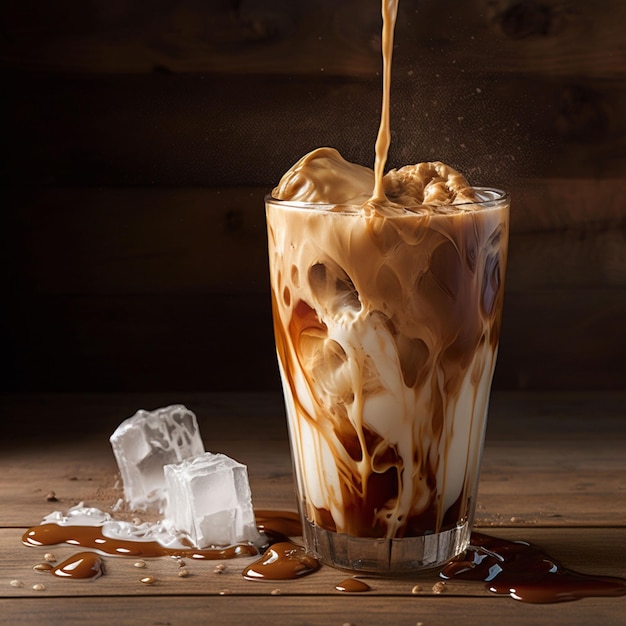 Un vaso de café helado que se vierte en un vaso con cubitos de hielo.