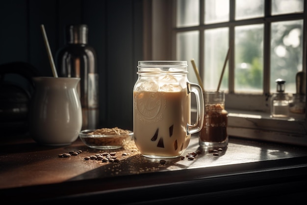 Un vaso de café helado se sienta en una mesa al lado de una ventana.