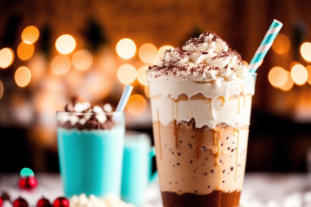 Un vaso de café helado con tapa azul y pajita blanca.