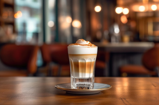 Un vaso de café latte macchiato en una mesa en un café generado por IA