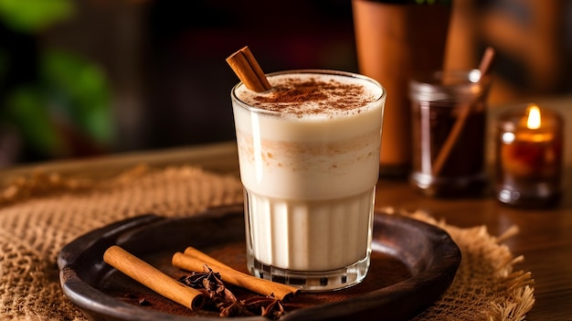 Un vaso de café con leche de canela con palitos de canela en un plato