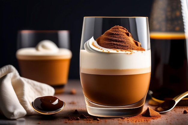 Un vaso de café con mousse de chocolate al lado