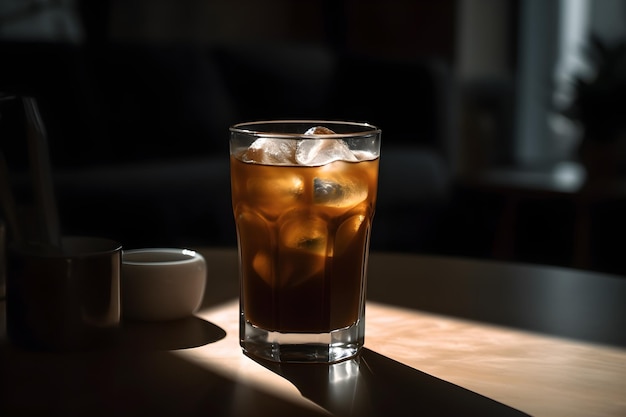 Un vaso de café se sienta en una mesa con una taza de café y una pequeña taza de café.