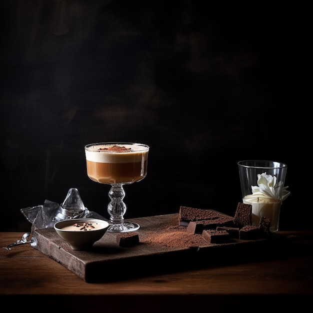 Un vaso de café se sienta en una mesa con un vaso de líquido al lado.