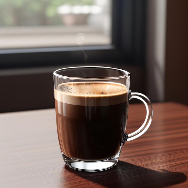 Un vaso de café se sienta en una mesa con una ventana al fondo.