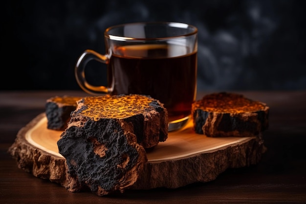 Un vaso de café y una taza de café sobre una tabla de madera