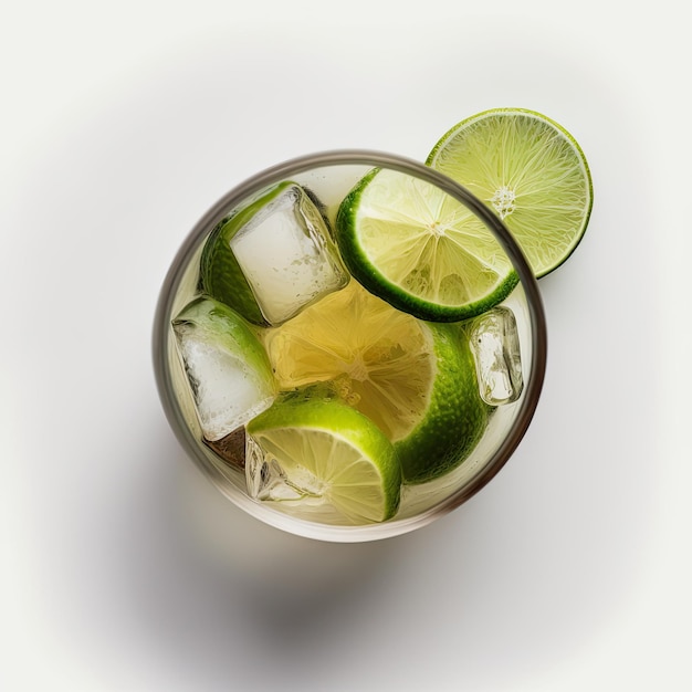 Un vaso de caipirinha mojito lima y hielo vista superior generativa Ai