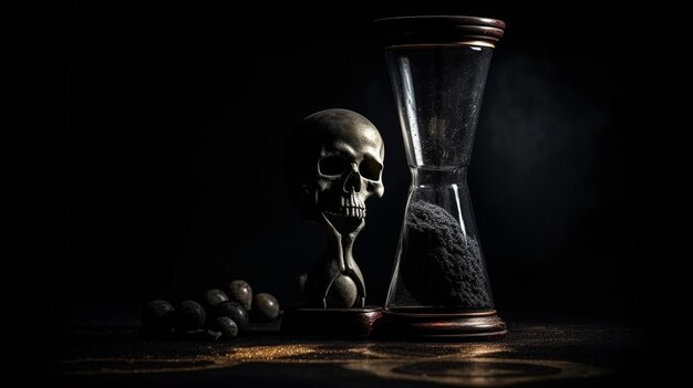 Foto un vaso de una calavera está en medio de un ai generador de reloj de arena.