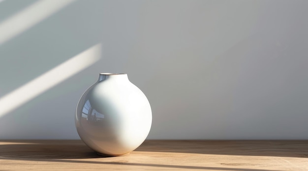 Vaso de cerámica blanca en una mesa de madera frente a una pared blanca con luz solar natural