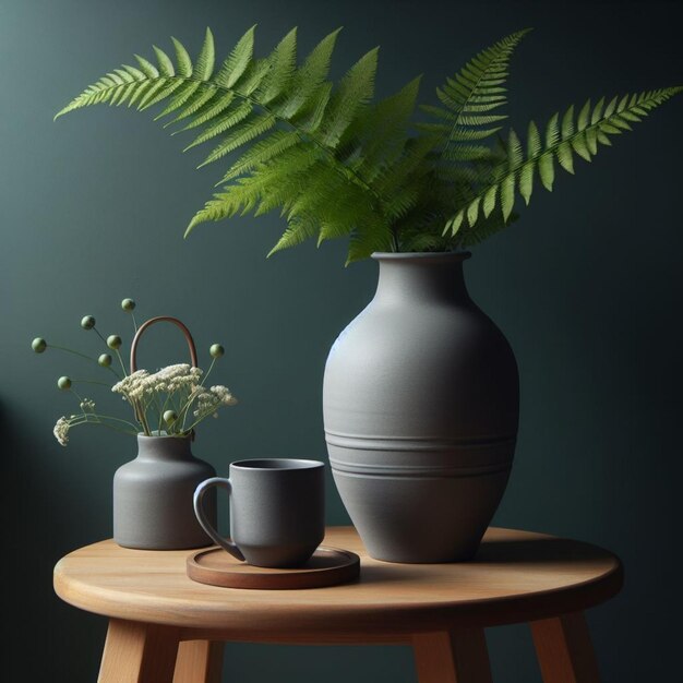 Vaso de cerámica gris con una taza en un taburete de madera junto a una pared verde del bosque