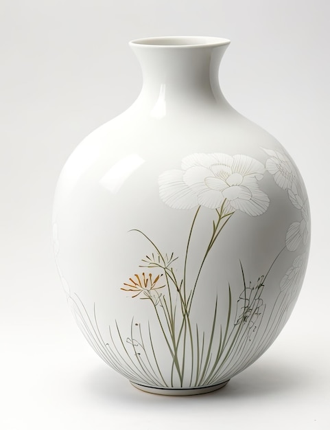 Foto vaso de cerámica japonés con patrón floral en el fondo blanco decoración interior
