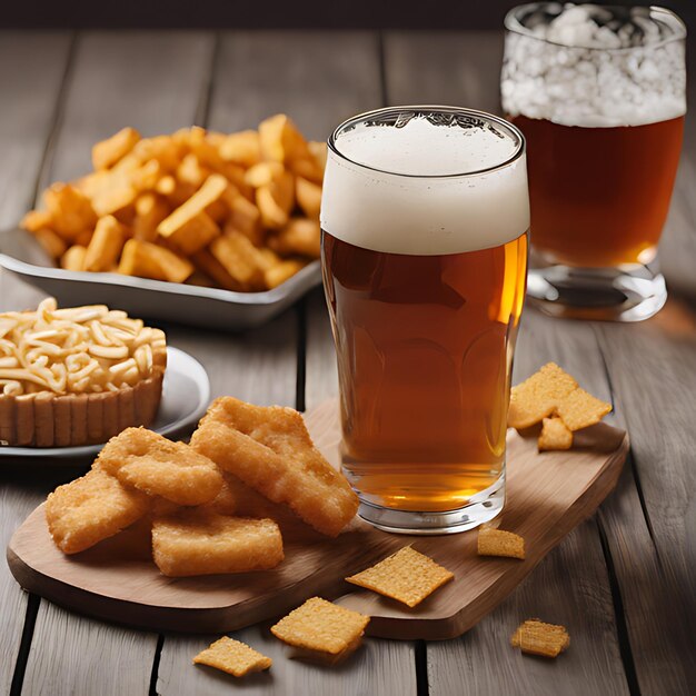 Foto un vaso de cerveza al lado de un plato de comida y una taza de cerveza